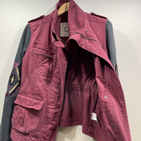 LA Hearts Womens M High Neck Embroidered Utility Jacket Boho Southwest Burgundy - Picture 6 of 12